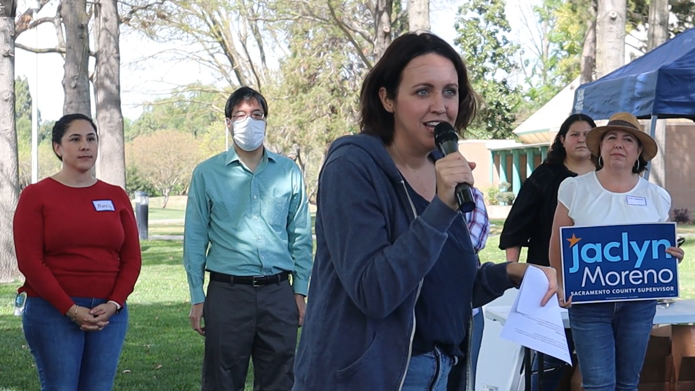 Before a large group of elected officials and labor union supporters, Jaclyn Moreno holds campaign kick-off rally