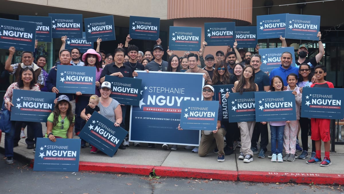 Assisted by Assemblymember Evan Low, Nguyen campaign canvasses Elk Grove & Pocket