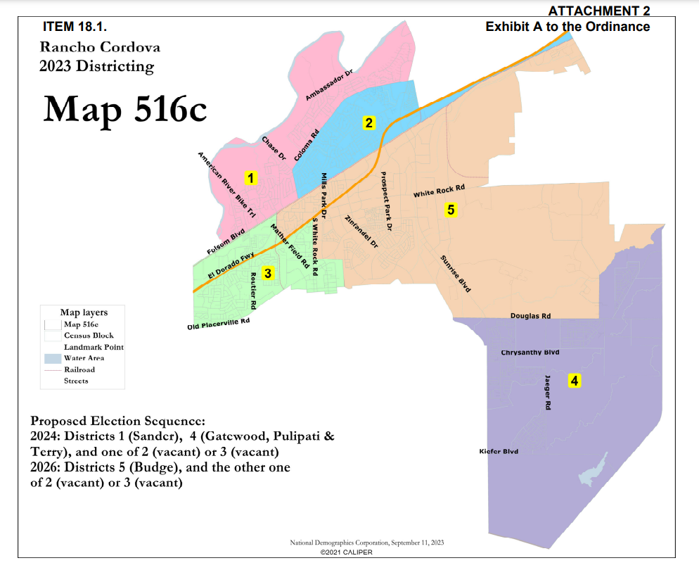 By-district maps adopted by Rancho Cordova for 2024 city council elections