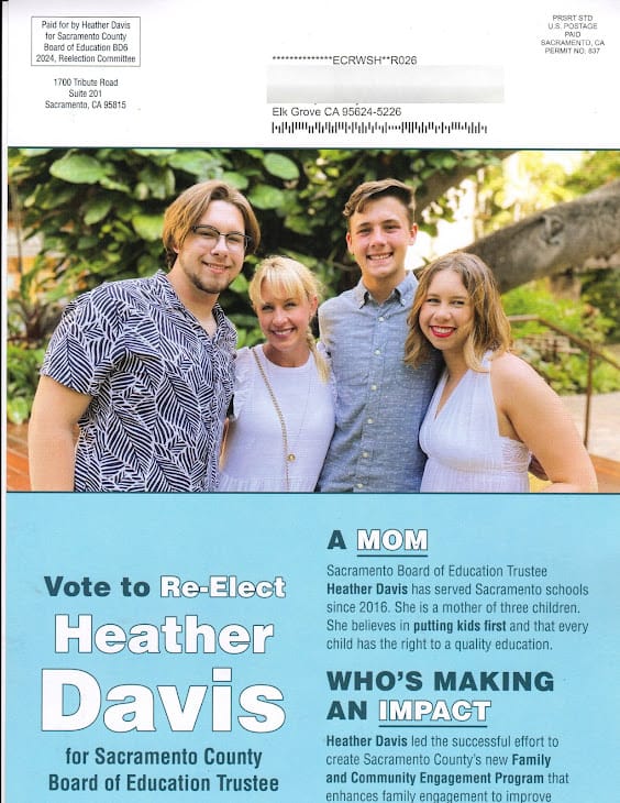 Curious mailer for Elk Grove voters from SCOE incumbent, candidate Heather Davis