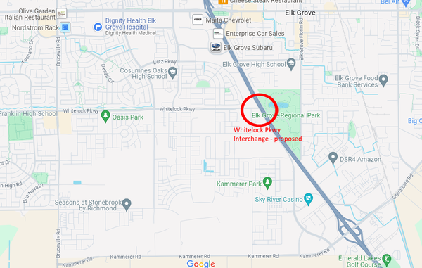 Highway 99 Whitelock Pkwy interchange could take part of Elk Grove Regional Park. 