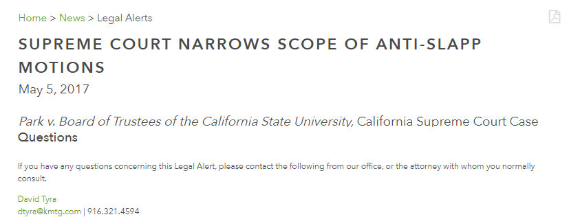 Kronick Moskovitz attorney defending Elk Grove wrote anti-SLAPP to strike unlikely to succeed