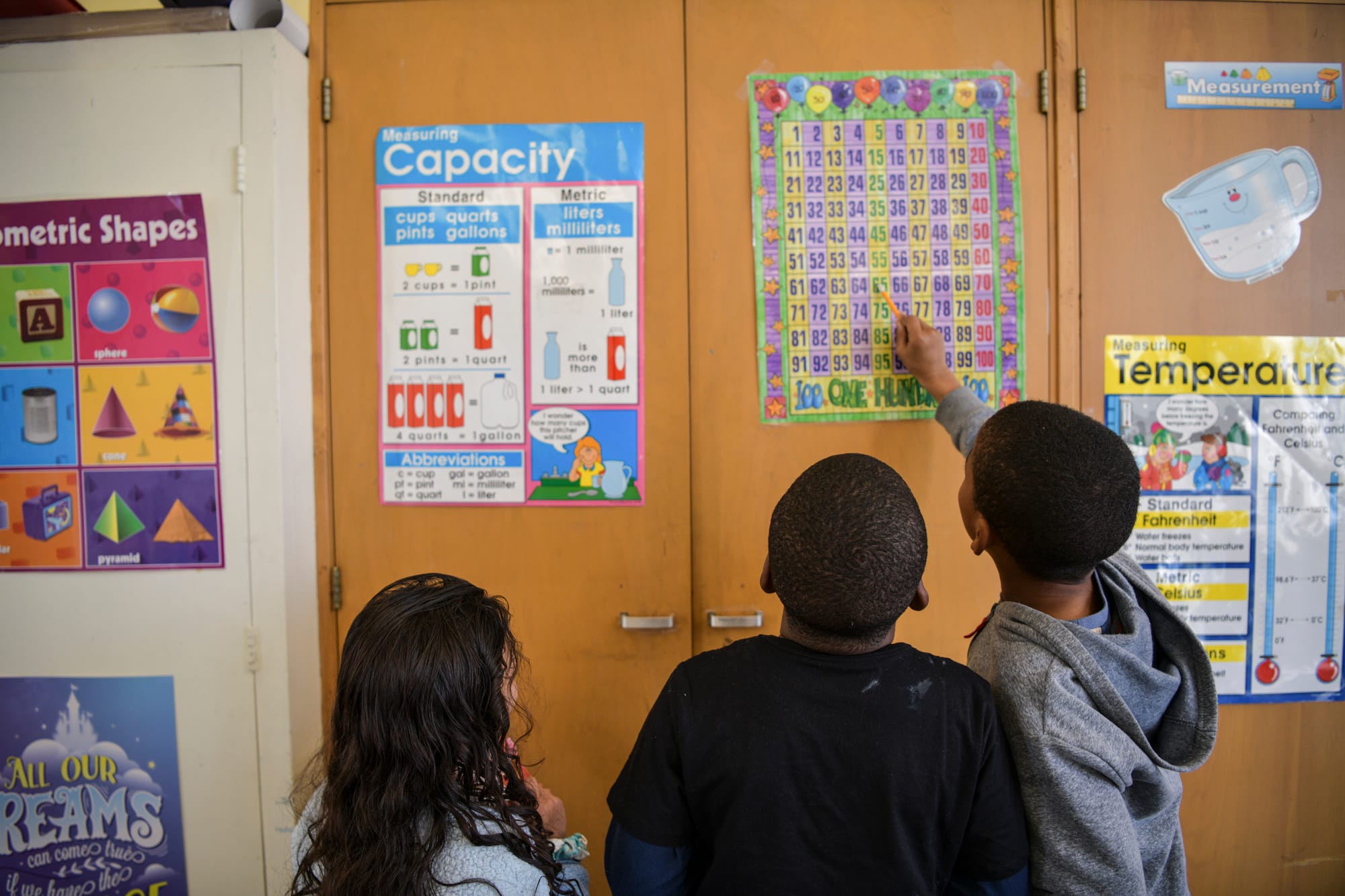 Students collaborate on solving additional problems inside Bridgette Donald-Blue’s classroom at Coliseum Street Elementary in Los Angeles on Feb. 28, 2023. Photo byPablo Unzueta for CalMatters