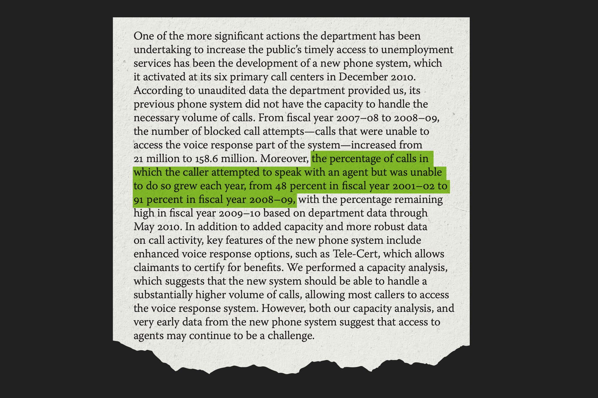 A section from the 2011 California State Auditor report on the Employment Development Department.